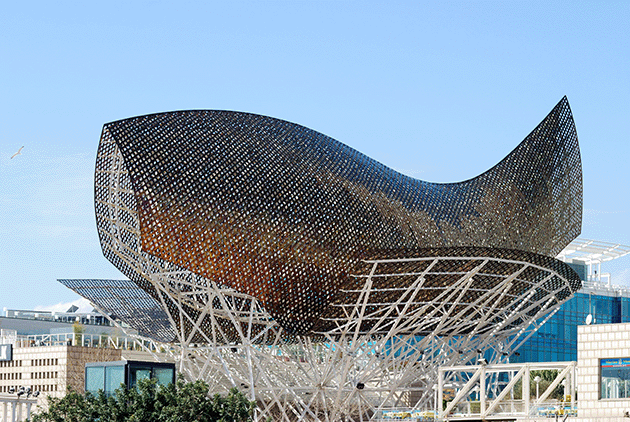 Fish sculpture by Frank Gehry at Port Olympic marina. Barcelona seafront. Catalonia, Spain